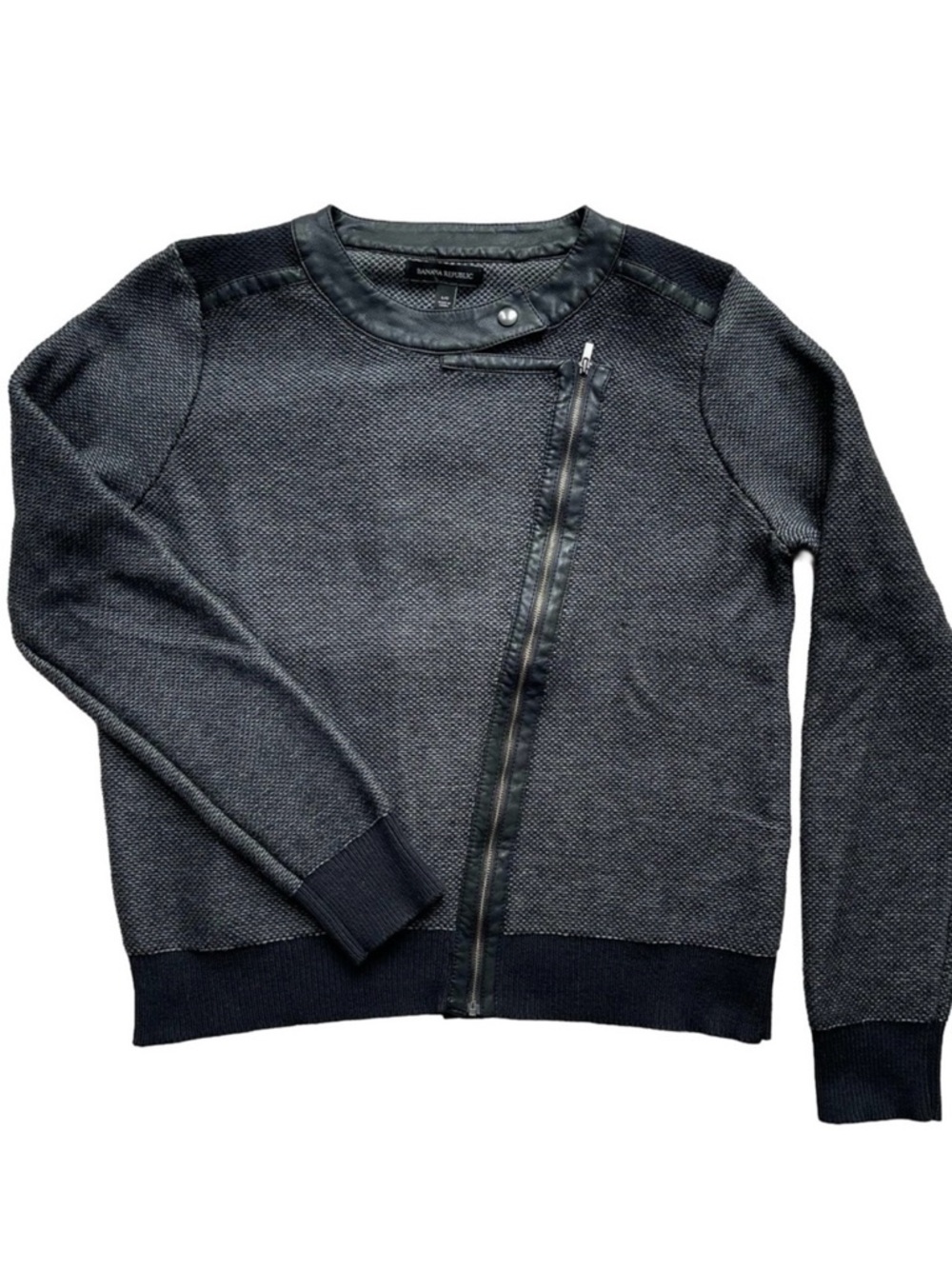 Banana Republic Knit Moto Jacket Faux Leather Trim Asymmetrical Zip Black & Gray